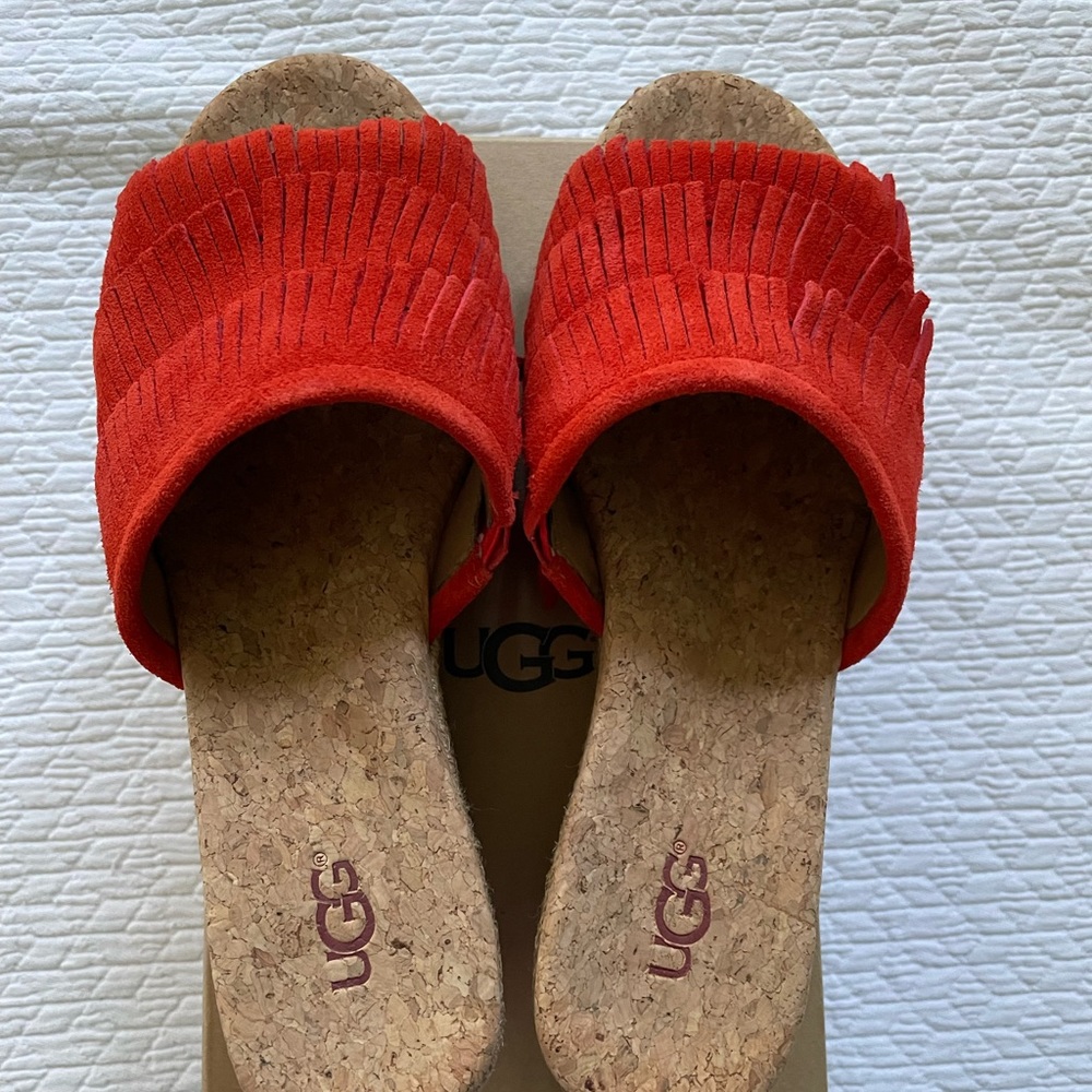 Ugg Orange Fringe Wedge Slides. Size 7.5